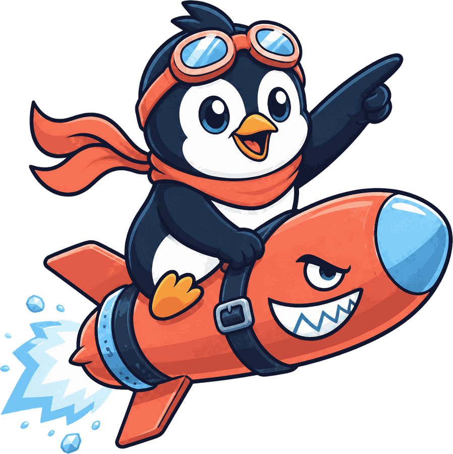 The Torpedo Penguin mascot: a penguin in goggles and a scarf riding a grinning torpedo